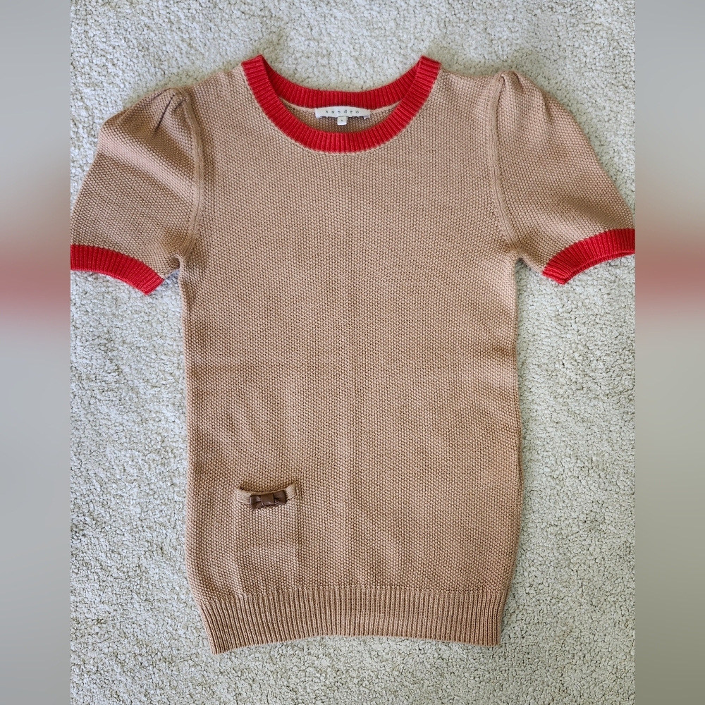 SANDRO Red and Tan Short Sleeve Sweater Top Cashmere Wool